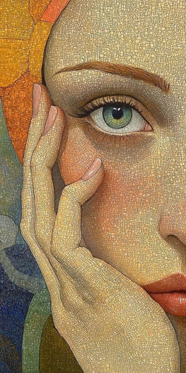 Mosaic artwork of a face and hand with manicured nails